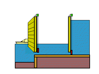 Boat exiting a lock.